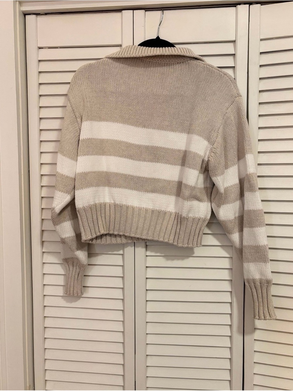 Quince Beige and White Striped V-Neck Collared Sweater - Picture 2 of 4